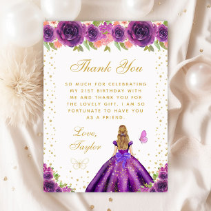 Purple Floral Blonde Hair Princess Birthday Party Thank You Card