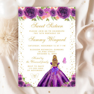 Purple Floral Blonde Hair Princess Sweet Sixteen Invitation