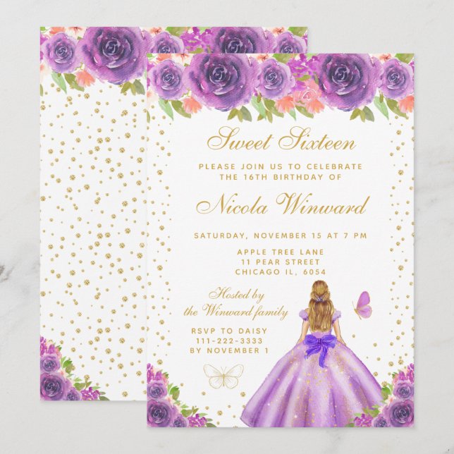 Purple Floral Blonde Hair Princess Sweet Sixteen Invitation (Front/Back)