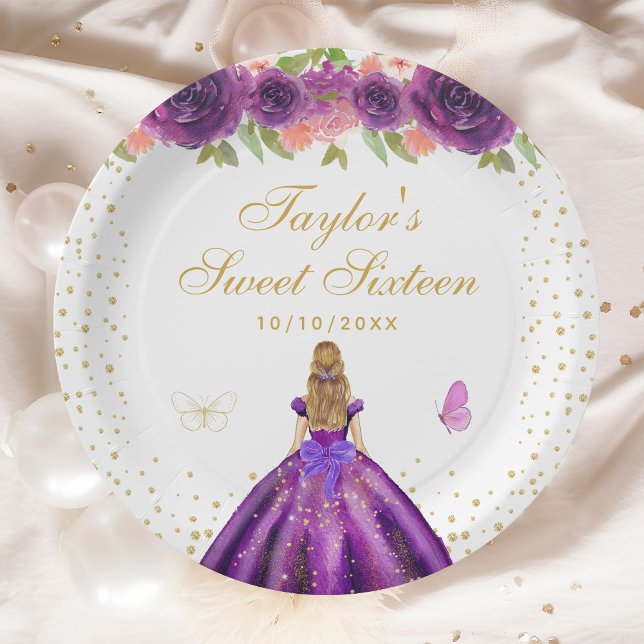 Purple Floral Blonde Hair Princess Sweet Sixteen Paper Plate (Creator Uploaded)