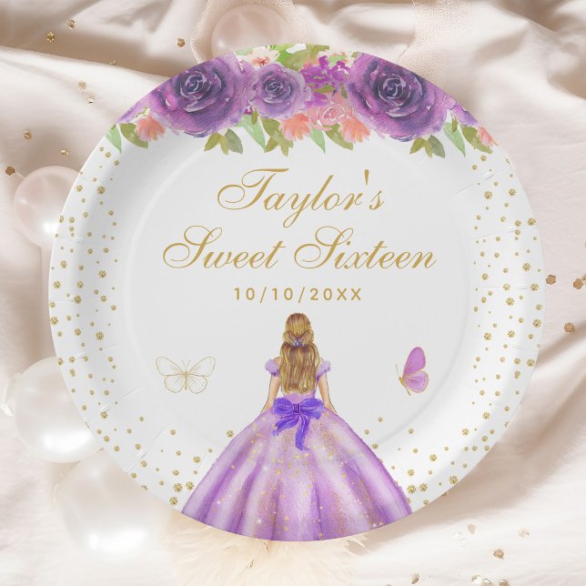 Purple Floral Blonde Hair Princess Sweet Sixteen Paper Plate (Creator Uploaded)