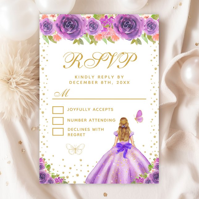 Purple Floral Blonde Hair Princess Sweet Sixteen RSVP Card (Creator Uploaded)