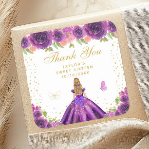 Purple Floral Blonde Hair Princess Sweet Sixteen Square Sticker