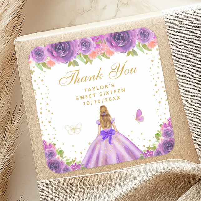 Purple Floral Blonde Hair Princess Sweet Sixteen Square Sticker (Creator Uploaded)