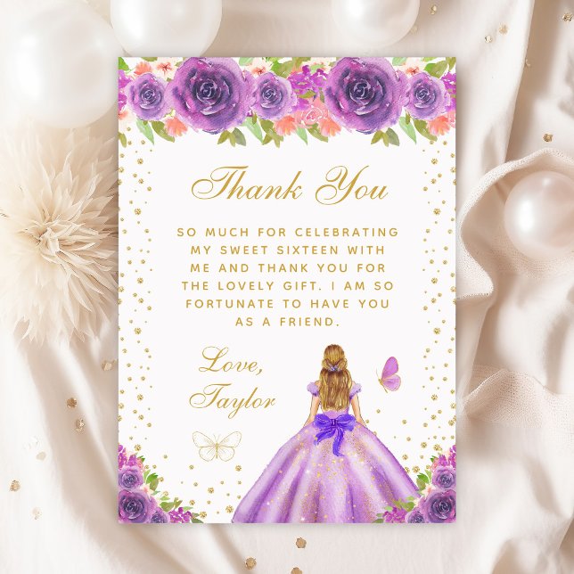 Purple Floral Blonde Hair Princess Sweet Sixteen Thank You Card (Creator Uploaded)