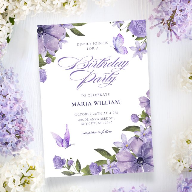 Purple floral bloom birthday invitation (Creator Uploaded)