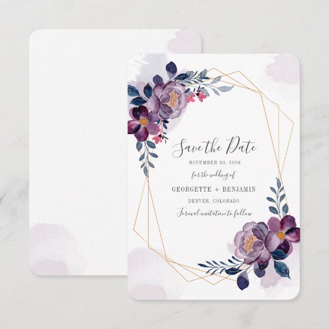 Purple Floral Bloom Script Geometric Save the Date (Front/Back)