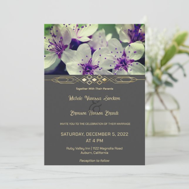 Purple Floral Blossom Wedding Invitation (Standing Front)