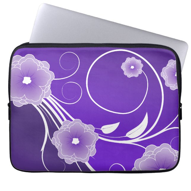 Purple Floral Blossoms & Swirls Laptop Sleeve (Front)