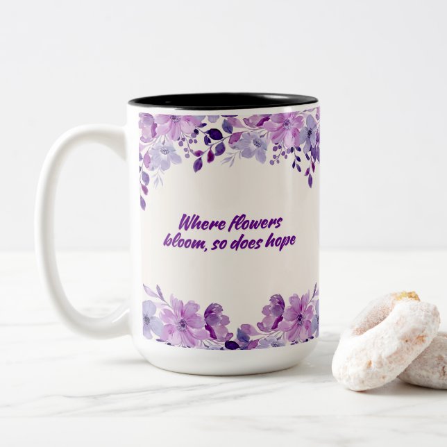 Purple Floral Blossoms Two-Tone Coffee Mug (With Donut)