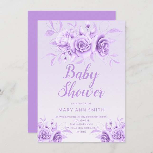 Purple Floral Blush Glitter Baby Shower  Invitation (Front/Back)