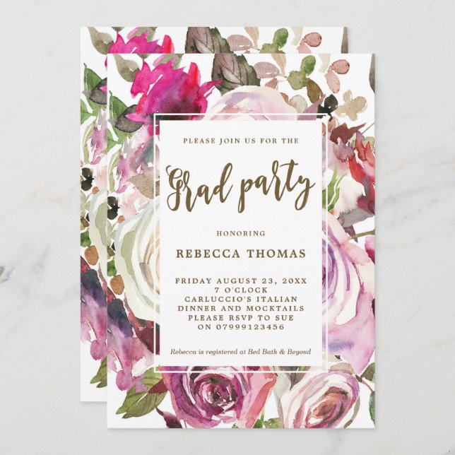 Purple floral boho Graduation party invitation (Front/Back)