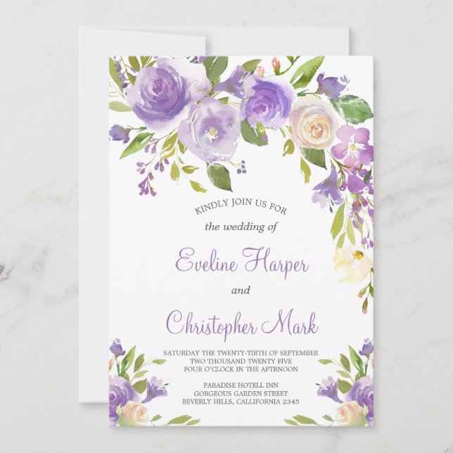 Purple floral Boho Greenery Calligraphy Wedding Invitation (Front)