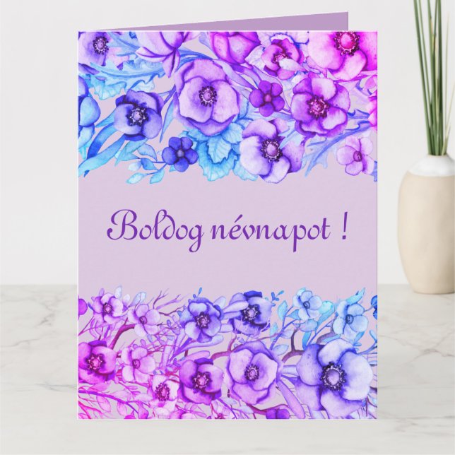 Purple floral borders - Hungarian name day Card (Front)
