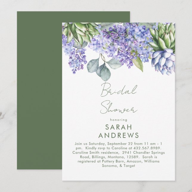 Purple Floral Botanical Bridal Shower Invitation (Front/Back)