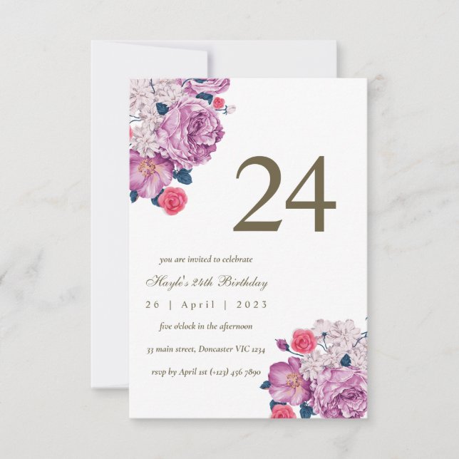 Purple Floral Botanical Simple Chic 24th Birthday Invitation (Front)