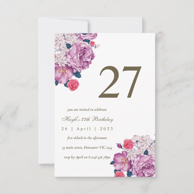Purple Floral Botanical Simple Chic 27th Birthday Invitation (Front)