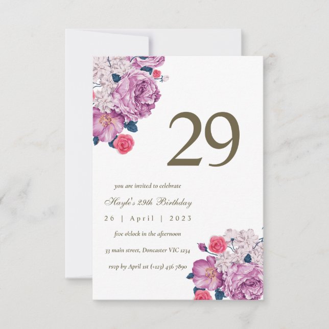 Purple Floral Botanical Simple Chic 29th Birthday Invitation (Front)