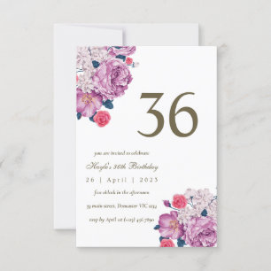 Purple Floral Botanical Simple Chic 36th Birthday Invitation