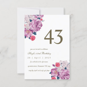 Purple Floral Botanical Simple Chic 43rd Birthday Invitation