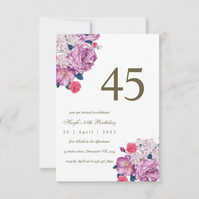 Purple Floral Botanical Simple Chic 45th Birthday Invitation (Front)