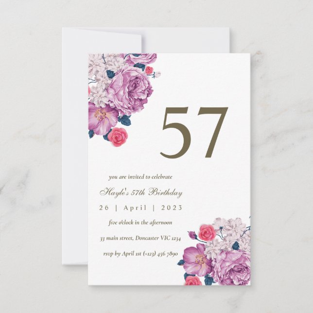 Purple Floral Botanical Simple Chic 57th Birthday Invitation (Front)