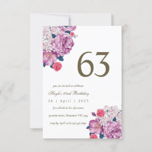 Purple Floral Botanical Simple Chic 63rd Birthday Invitation