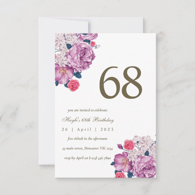 Purple Floral Botanical Simple Chic 68th Birthday Invitation (Front)
