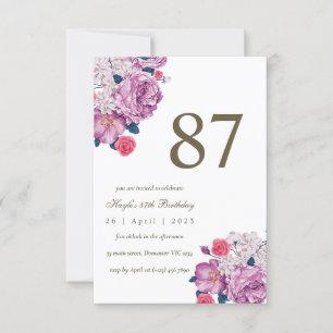 Purple Floral Botanical Simple Chic 87th Birthday Invitation