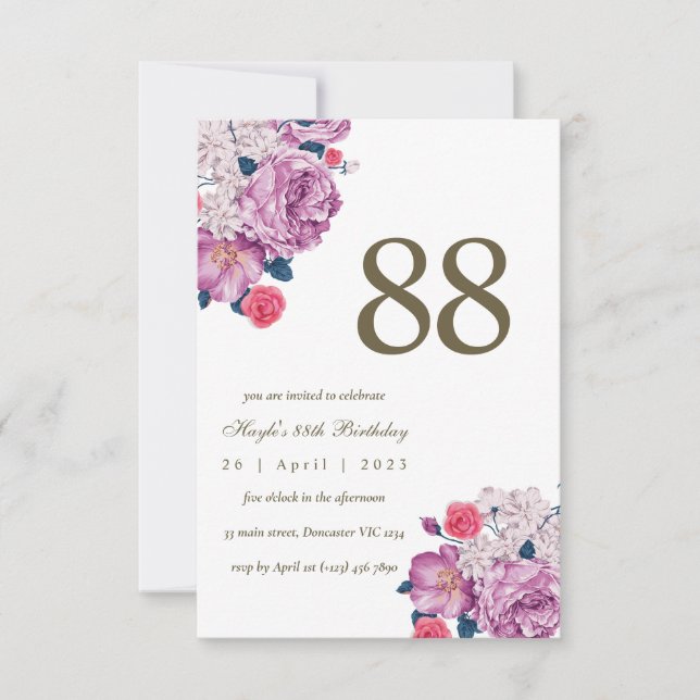 Purple Floral Botanical Simple Chic 88th Birthday Invitation (Front)