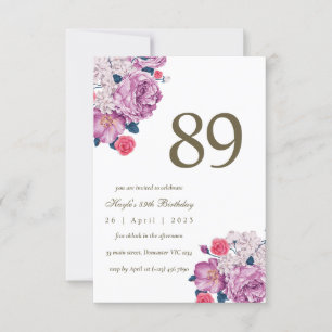 Purple Floral Botanical Simple Chic 89th Birthday Invitation