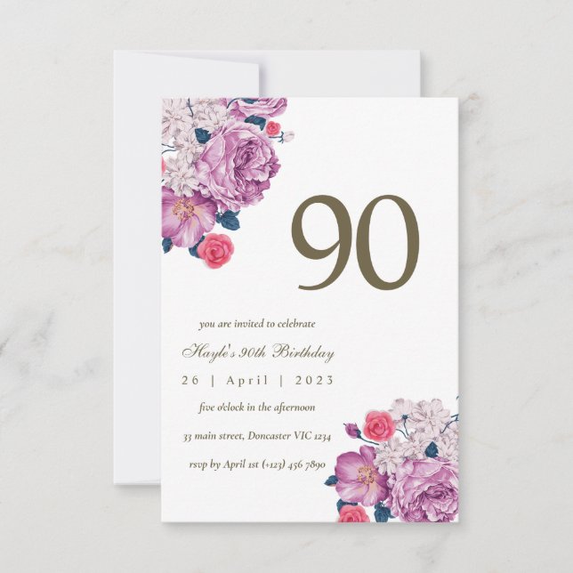 Purple Floral Botanical Simple Chic 90th Birthday Invitation (Front)