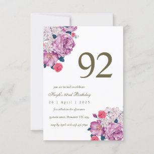 Purple Floral Botanical Simple Chic 92nd Birthday Invitation