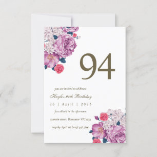 Purple Floral Botanical Simple Chic 94th Birthday Invitation