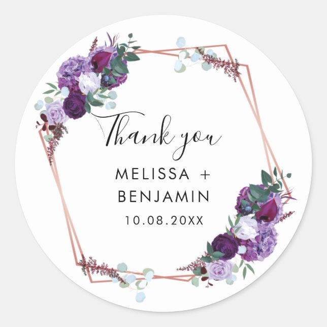 Purple Floral Botanical Wedding Thank You Favour Classic Round Sticker (Front)