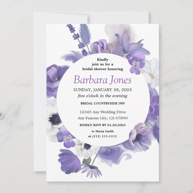 purple floral Bouquet Bridal Shower Invitation (Front)