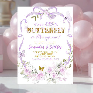 Purple Floral Bow Coquette Butterfly 1st birthday Invitation