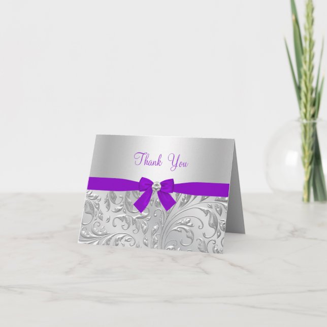 Purple floral & Bow Thank You Card (Front)