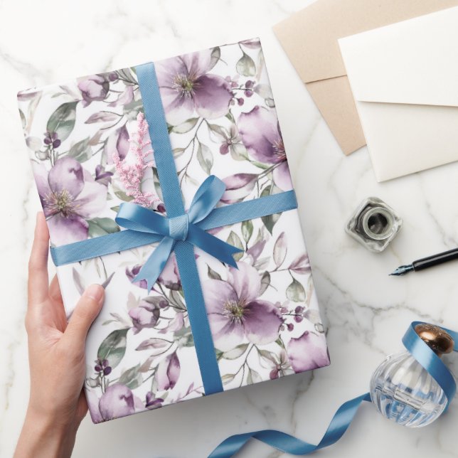 Purple Floral Bridal Shower Birthday Her Wedding Wrapping Paper (Gifting)