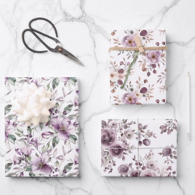 Purple Floral Bridal Shower Birthday Her Wedding Wrapping Paper Sheet (Front)