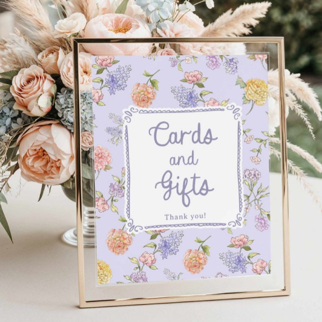 Purple Floral Bridal Shower Cards and Gifts Poster (Lilac Floral Bridal Shower Cards and Gifts Sign)