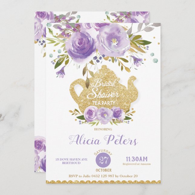 Purple Floral Bridal Shower High Tea Garden Party Invitation (Front/Back)