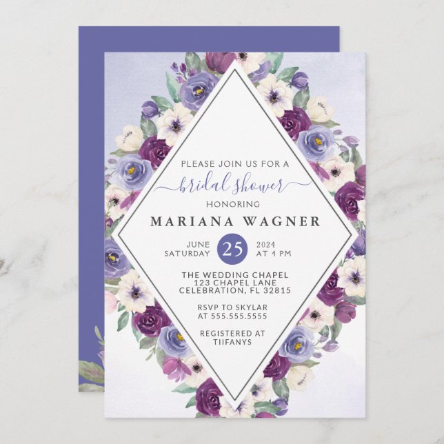 Purple Floral Bridal Shower Invitation (Front/Back)