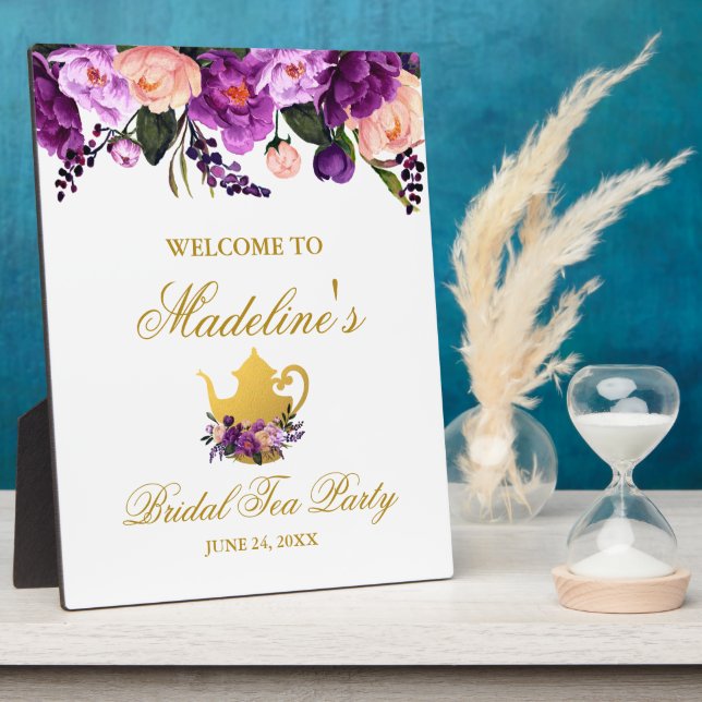Purple Floral Bridal Shower Tea Gold Welcome Plaque (Side)