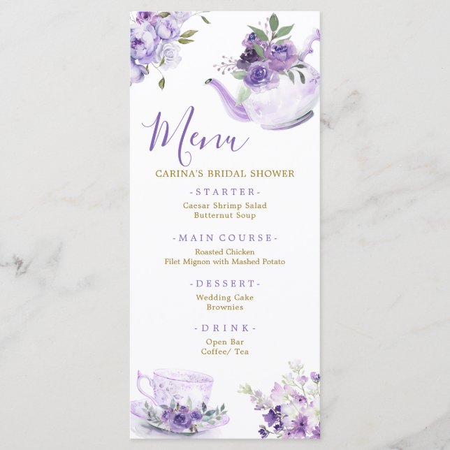 Purple Floral Bridal Shower Tea Menu Card (Front)