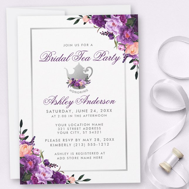 Purple Floral Bridal Shower Tea Party Invitation (Customize to change size, style or text color.)