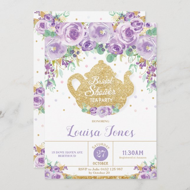 Purple Floral Bridal Shower Tea Party Invitation (Front/Back)