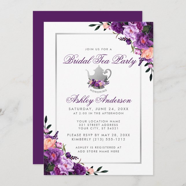 Purple Floral Bridal Shower Tea Party Invitation P (Front/Back)