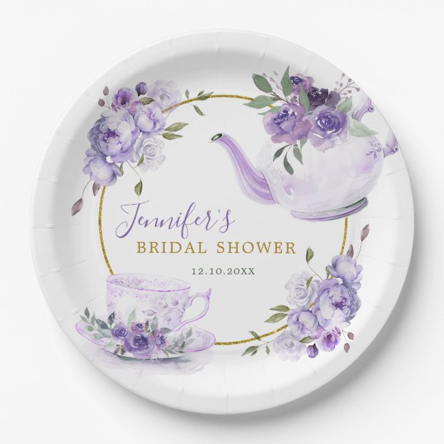 Purple Floral Bridal Shower Tea Party Paper Plate (Front)