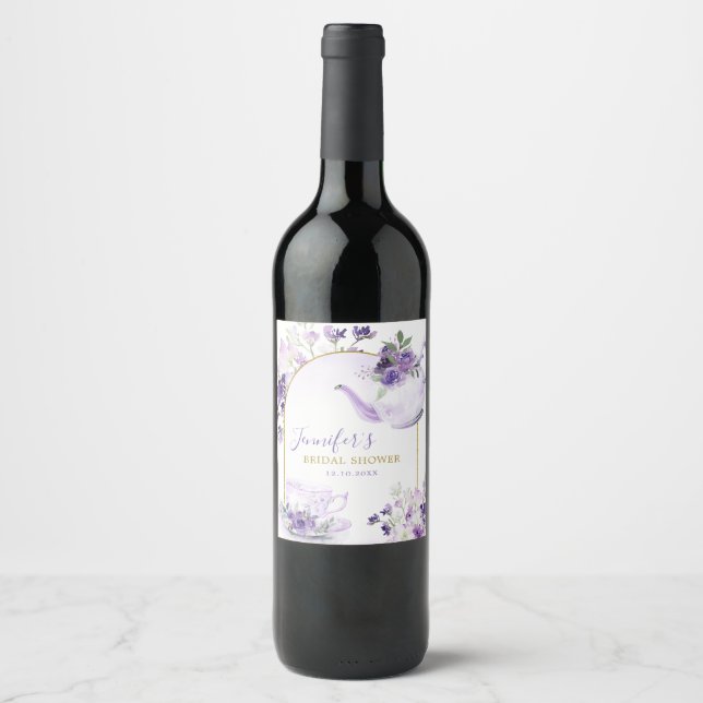 Purple Floral Bridal Shower Tea Wine Bottle Label (Front)